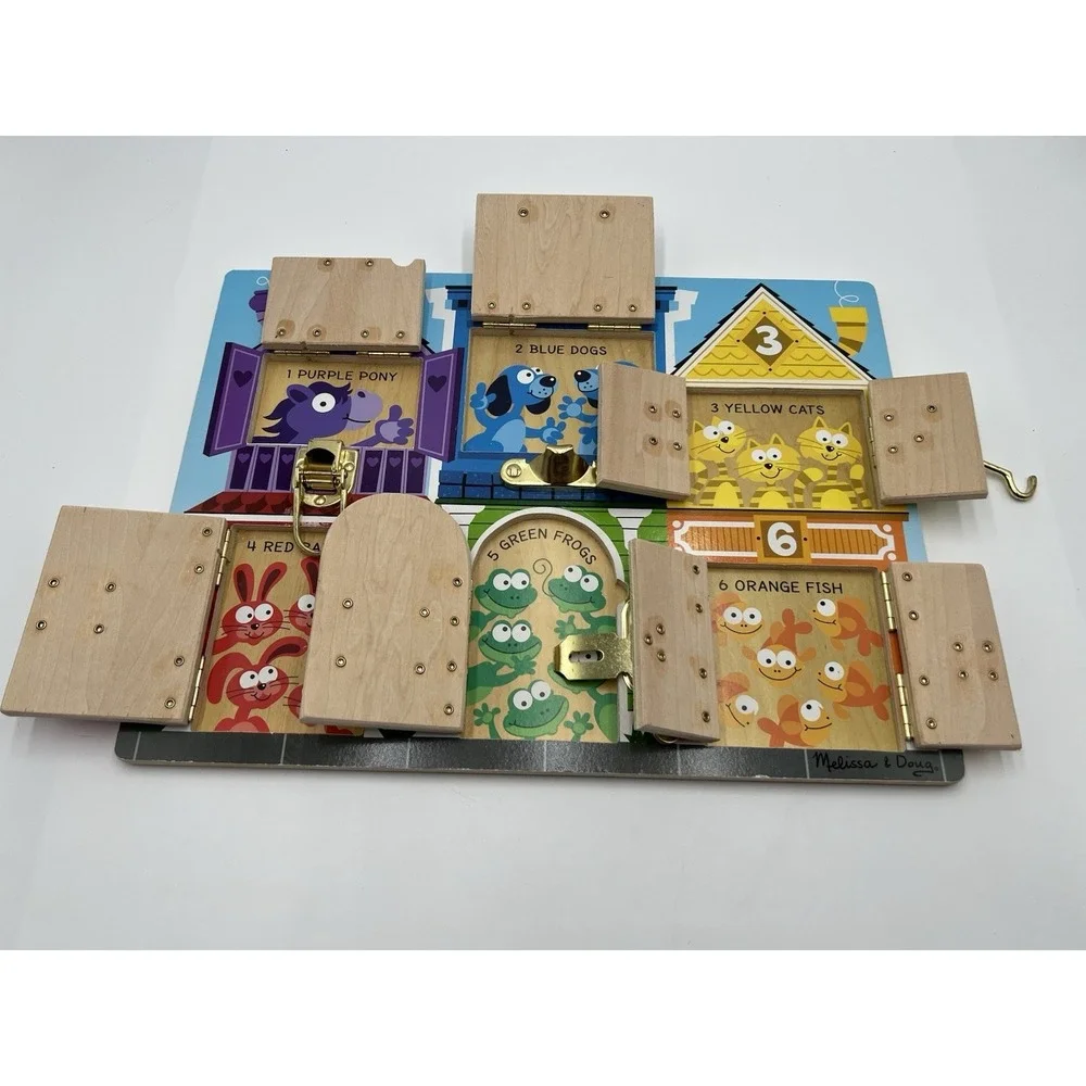 Melissa & Doug Wooden Locks And Latches Activity Board 6 Doors Hand Crafted